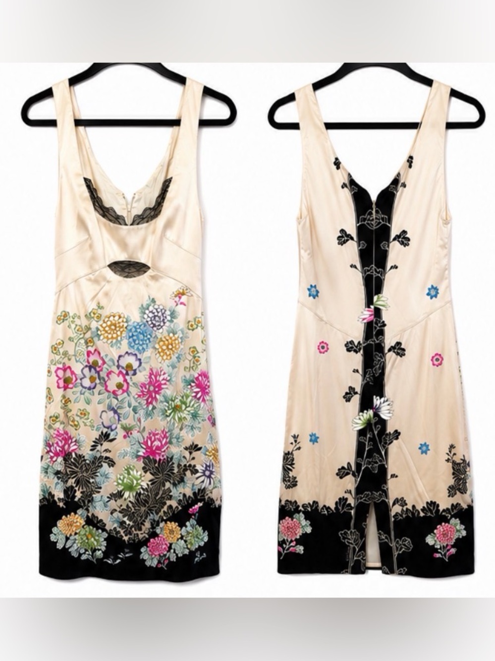 Roberto Cavalli Cream Floral Silk Embroidered Mini Dress with Black Trim